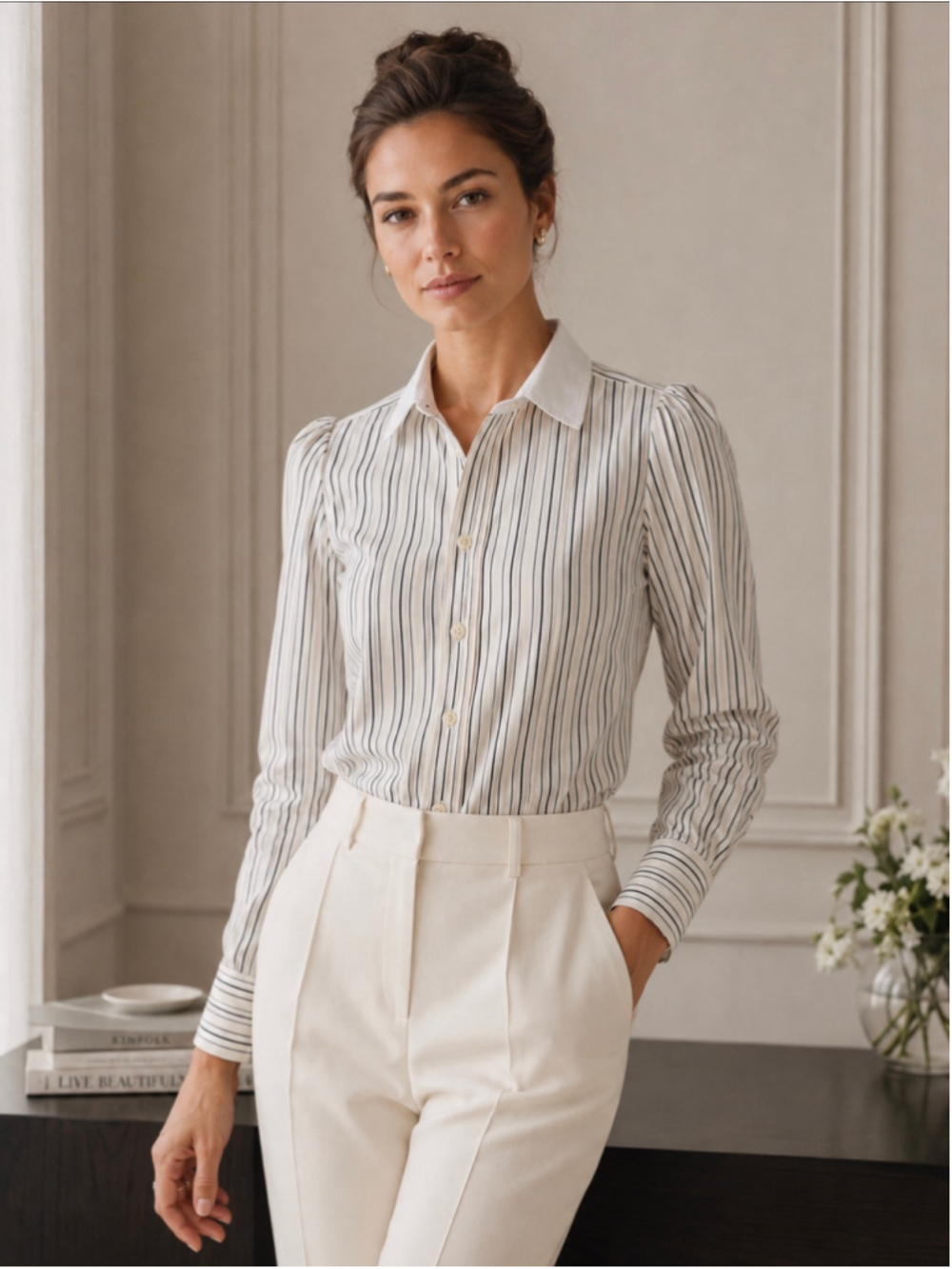 Ralph Lauren Women’s Black Ivory Stripe Cotton Puff Sleeve Button Down Shirt 10 - Picture 1 of 14